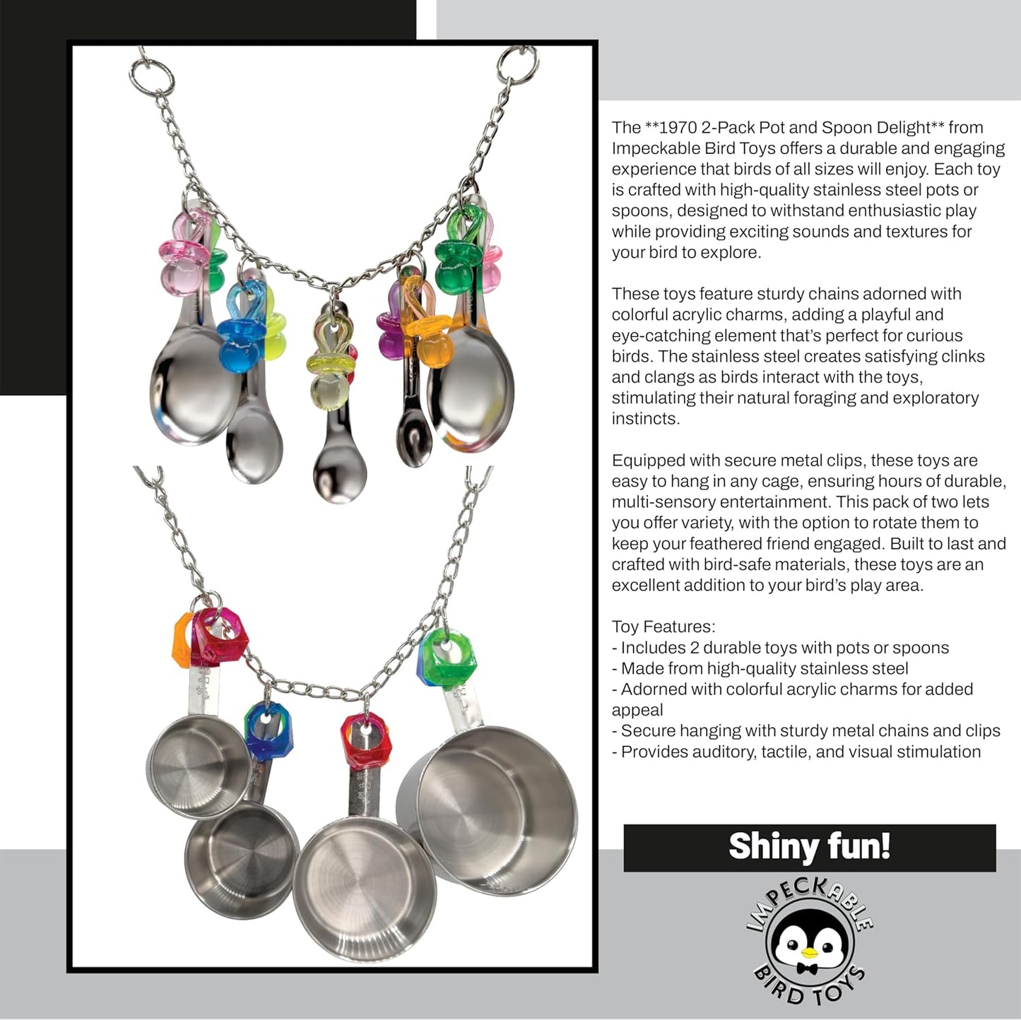 1970 Pk2 Pot and Spoon Delight Features Shiny pots and Spoons with Acrylic Rings and Pacifiers, Handcrafted for African Greys Amazons Macaws