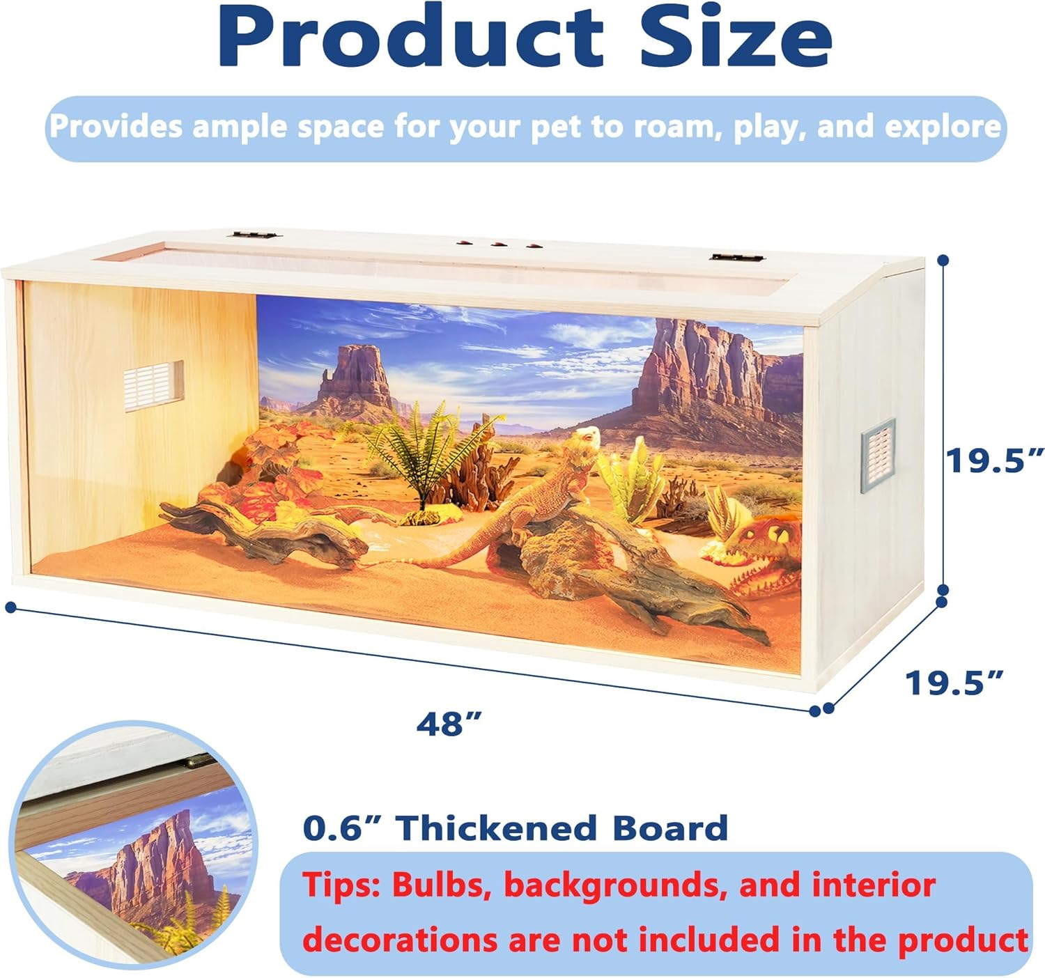 Prolee Reptile Terrarium, Lizard Tank Up to 68 Gallons, Bearded Dragon Tank with Roof Door, Snake Tank with Built-in Lamp Fixture and Switch (68 Gallon, 48" Long, Openable Wood Roof) - FurryFun