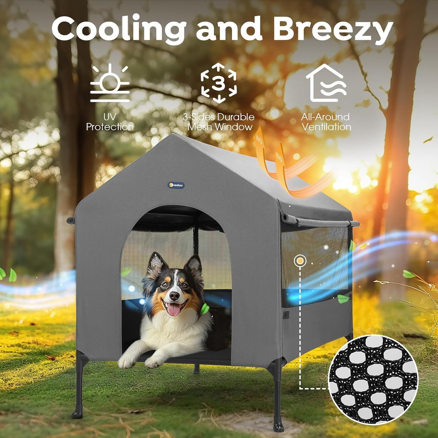 Veehoo 41" Dog House, 2-in-1 Large Dog House Outdoor Indoor Weatherproof, Outside Elevated Dog Cot Bed Dog Tent Shade, Three-Sided Breathable Mesh Windows and Sunshades, CWC2435CP