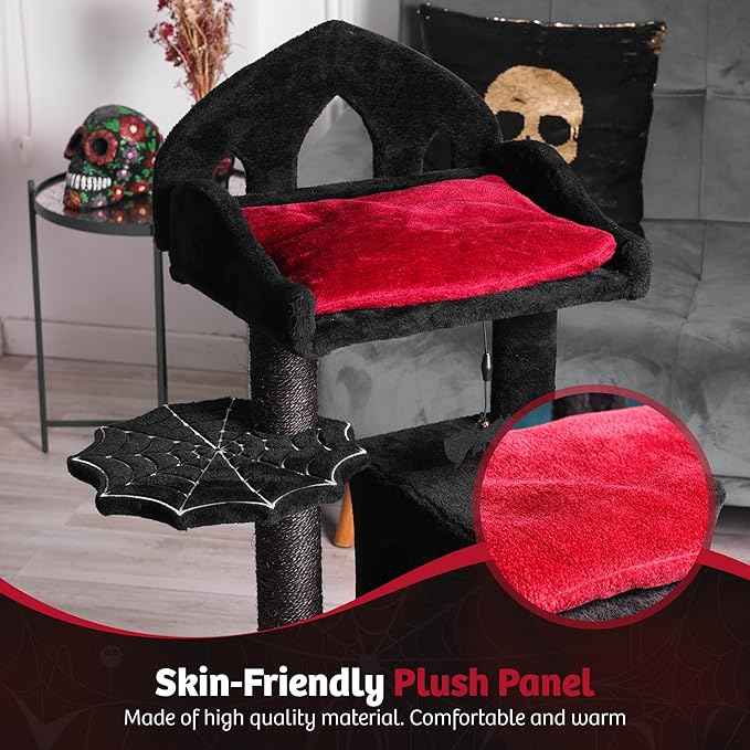 Gothic Cat Tree - 40" Goth Cat Bed, Spacious Condo, Spooky Hanging Bat, Durable Sisal Scratching Post - Elegant Black Cat Tree for Majestic Felines