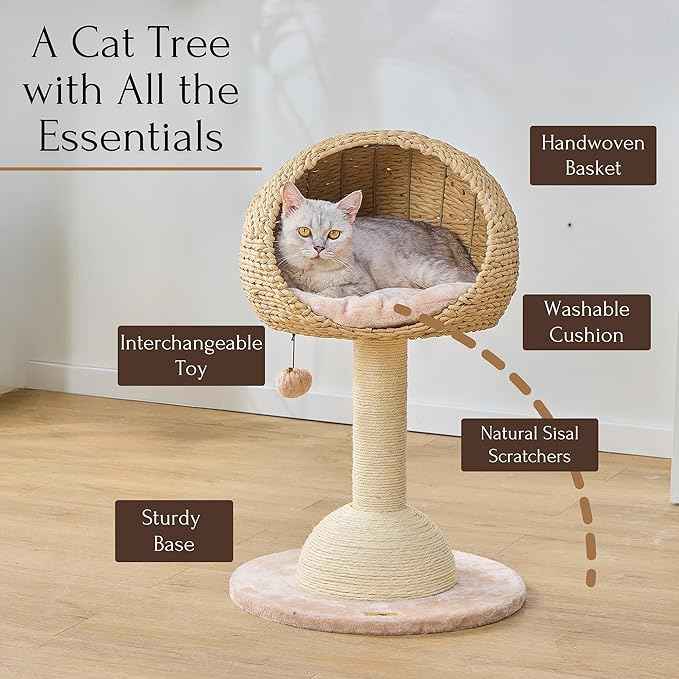 PetPals 2-Level Cat Tree with Handwoven Recycled Paper Rope Baskets, Sisal Scratching Posts, Playful Teaser Toy, Eco-Friendly, Washable Cushion, Cat Furniture (Brown Beige)