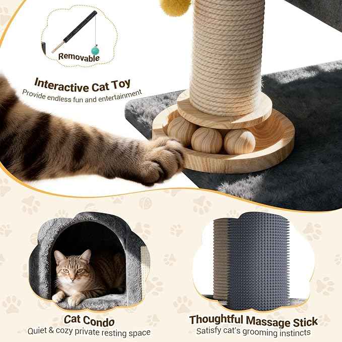 PetDance 37in All-in-1 Small Cat Tree for Indoor Cats | Space-Saving Cat Tower with Cozy Condo, Cat Window Perch, Sisal Scratching Posts, Interactive Ball Track Toy & Self-Grooming Brush,Dark Gray