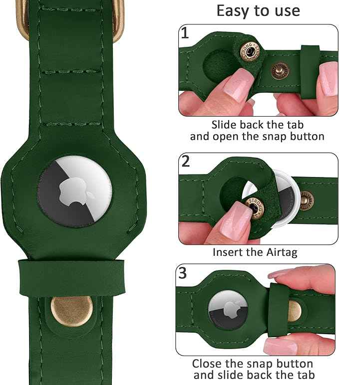 AirTag Dog Collar - Genuine Leather Dog Collar with Apple AirTag Holder and Metal Buckle - Smart GPS Tracking Pet Collars (Dark Green, M, 14"-18" Neck Fit)