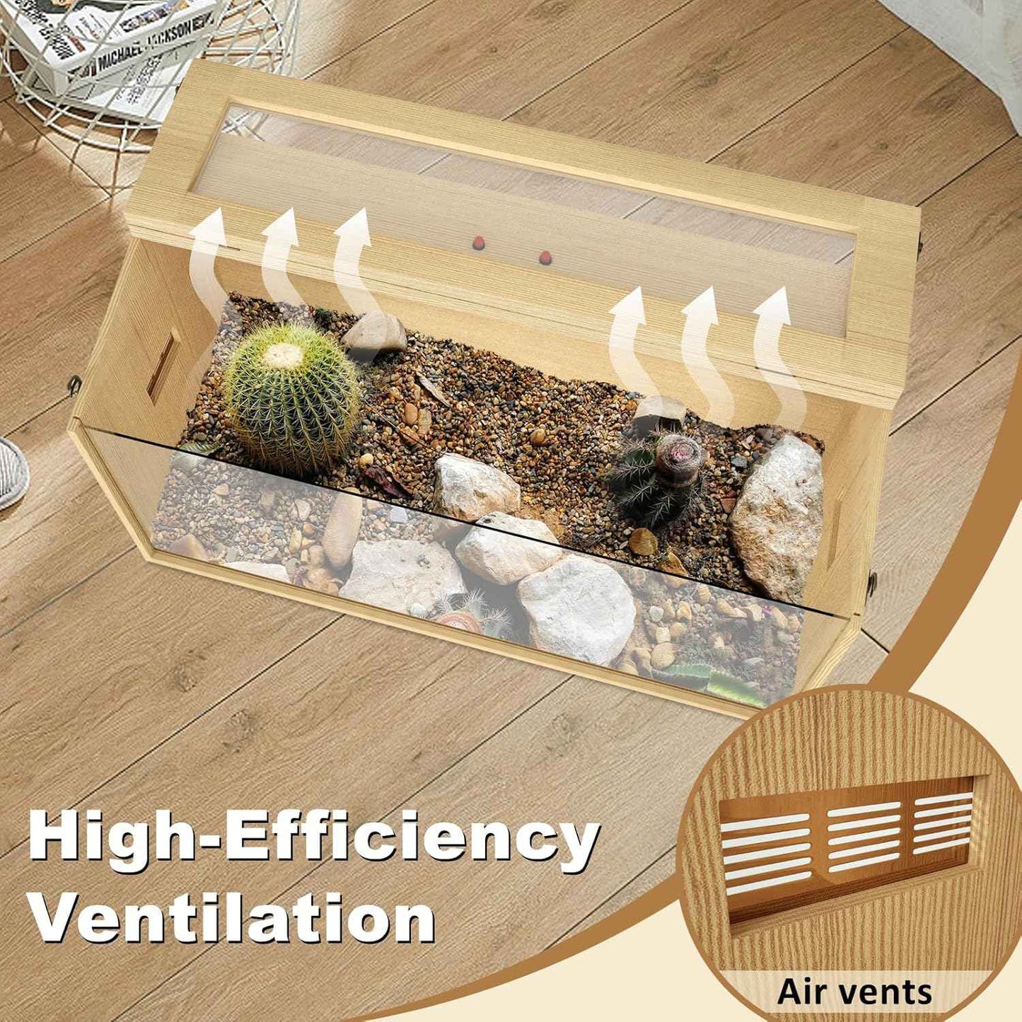 34 Gallon Bearded Dragon Tank, Lockable Reptile Terrarium Tank, Large Snake Enclosure, Lizard, Leopard Gecko Tank with Openable Roof Door, (Wooden, 32" L x 16" W x 16" H)