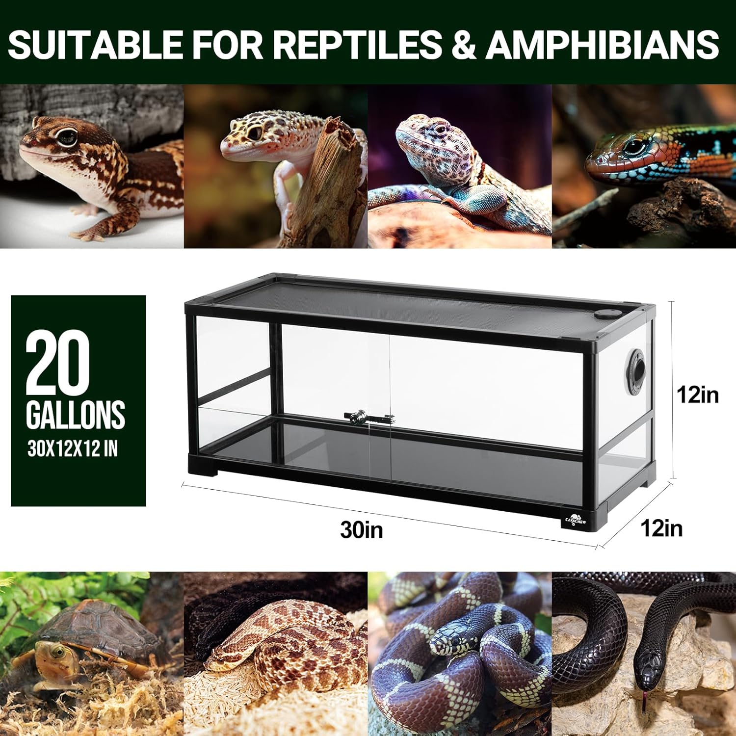 20 Gallon Reptile Tank, 30" x 12" x 12" Reptile Terrarium, Top Screen Ventilation, Sliding Door, Cable & Fogger Pass, Glass Enclosure for Bearded Dragon, Lizard, Gecko, Frog, Snake - FurryFun