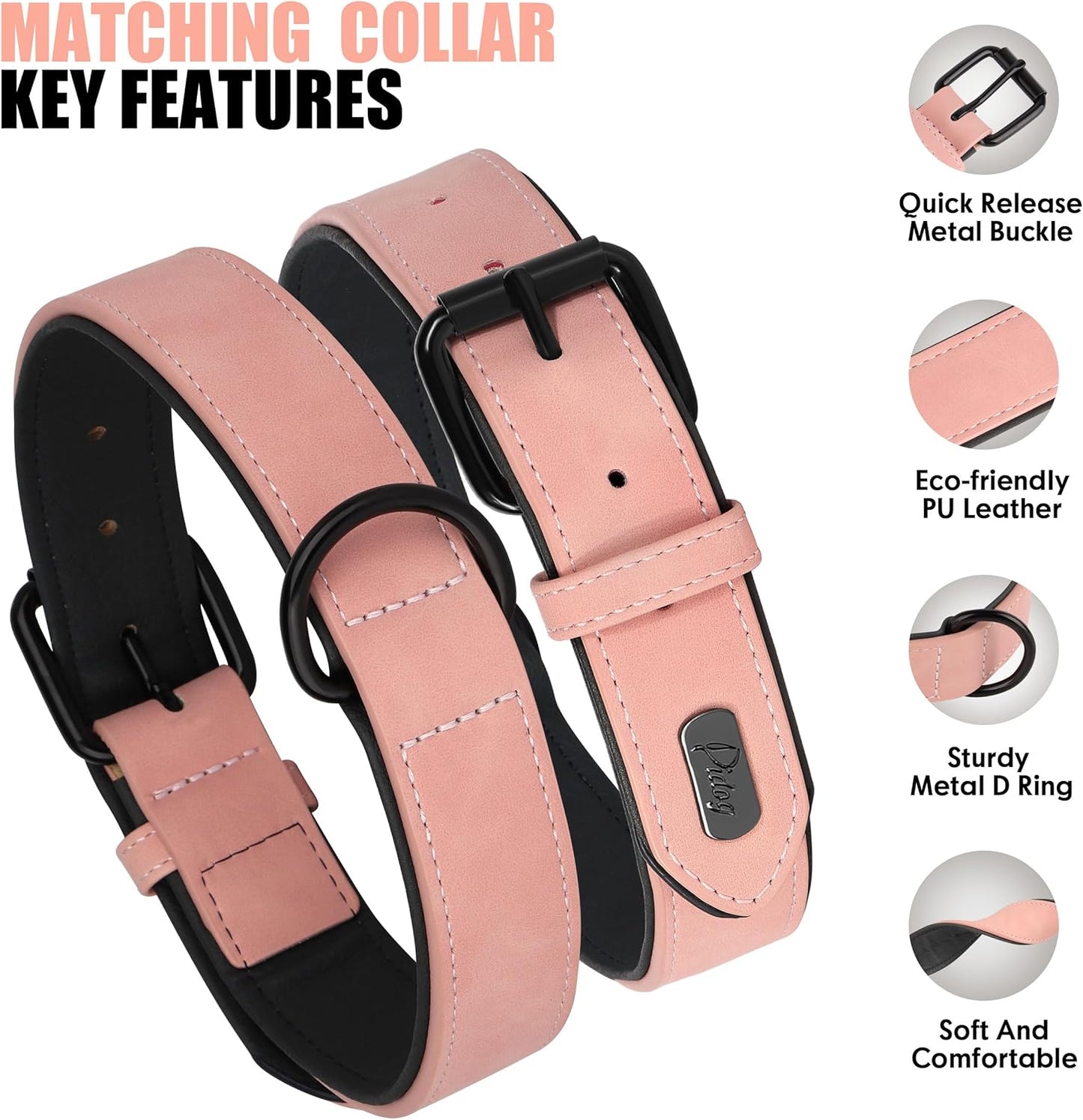 Didog Soft Padded Leather Dog Collar and Leash Set, Pink Breathable Pet Collars with 4FT PU Leather Dog Leash for Small Medium Large Dogs, Pink, XL