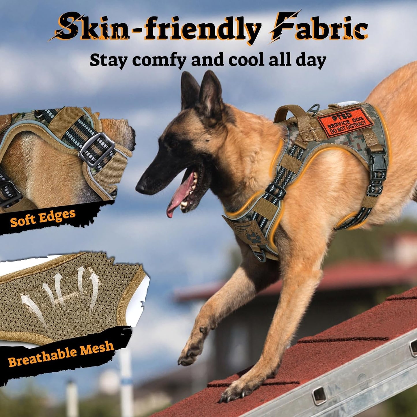 rabbitgoo Dog Harness for Large Dogs No Pull, Tactical Service Pet Vest with Molle and Control Handle, Adjustable and Reflective Military Harness for Easy Walking and Training, Desert camo, L