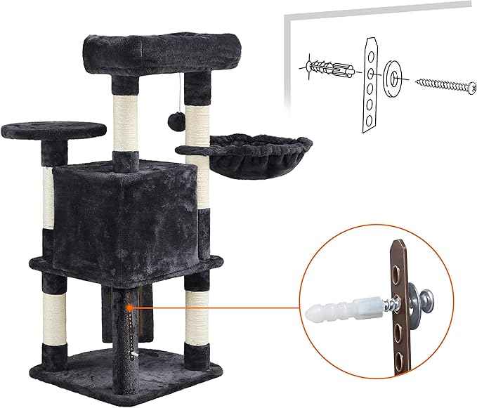 Topeakmart 42in Cat Tree Tower for Indoor Cats, Cat Condo with Perch & Hammock, Activity Center, Multi-Level Cat Furniture with Scratching Posts, Cat House, Black