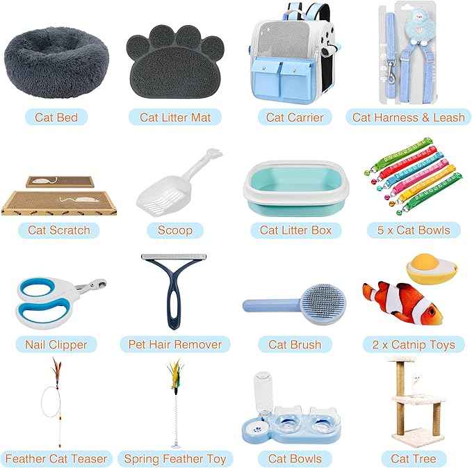 Kitten Starter Supplies Starter Kit, 20 pcs of Essentials, Including Bed, Carrier, Litter Mat, Box, Collar, Bowls and More, Perfect for New Cat Owner - Blue
