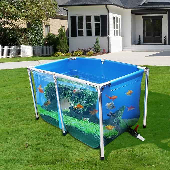 PVC Fish Pond,Above Ground Fish Tank,Goldfish/Koi Pond with Clear Viewing Panel, Outdoor Canvas Aquarium with Stainless Steel Frame & Drain Valve for Outside,39.4 * 23.6 * 23.6in,95 Gallon