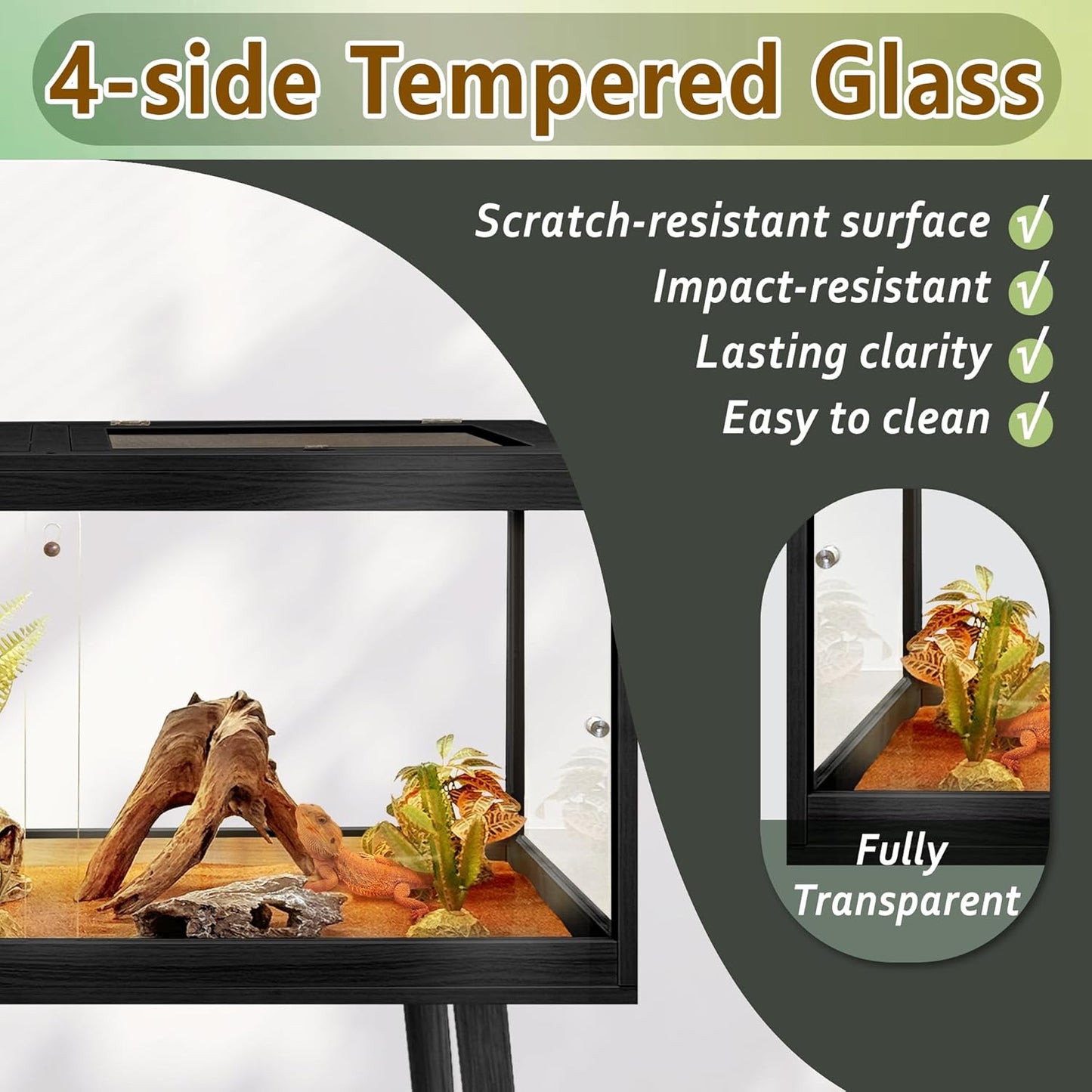 PROLEE Tempered Glass Reptile Enclosure with Leg,48“ Scratch-Proof Bearded Dragon Tank,79 Gallon Lizard Tank with Metal Mesh Tops and Lockable Door,Spacious Reptile Habitat for Snake,Lizard (Black) - FurryFun