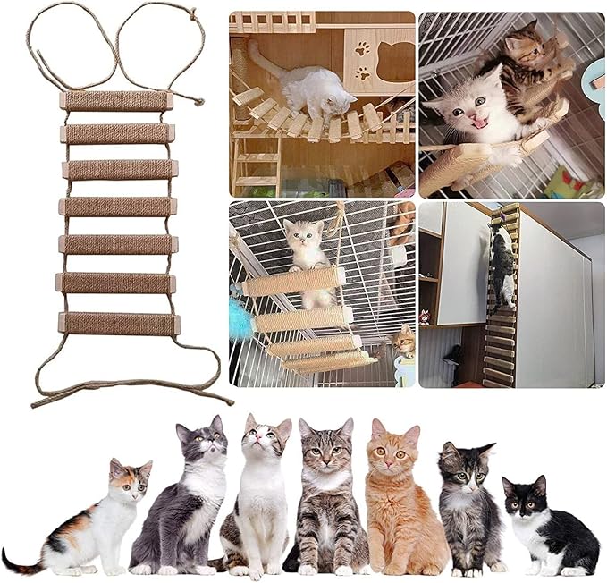 Outdoor Cat Tree with Wall Climbing Bridge & Rope Ladder - 20in Hemp Rope Cat Wall Furniture Cat Ladder