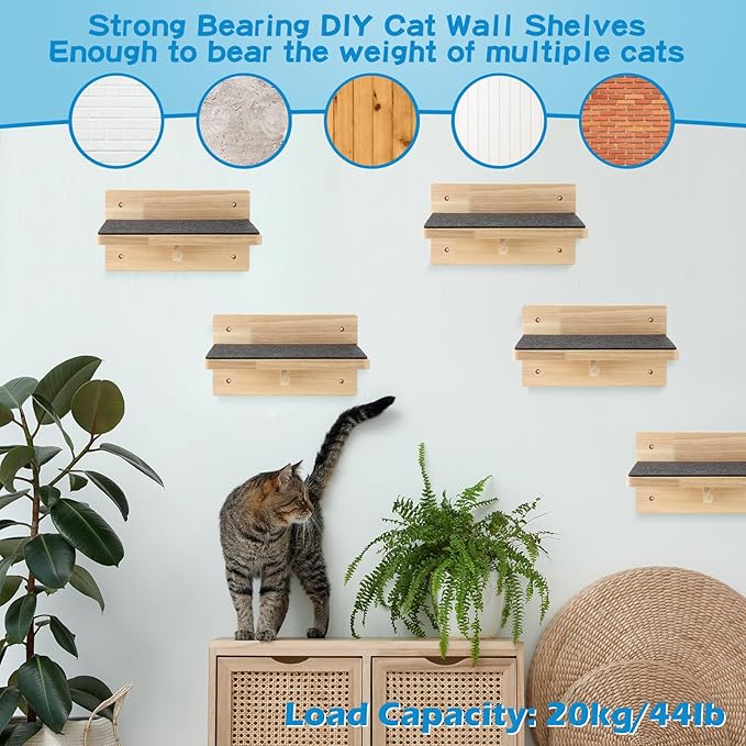 Lenwen Set of 6 Cat Wall Steps Shelf Shelves Wood Cat Climbing Shelves for Cats Mounted Furniture Cats Wall Bed Wood Stairs with Non Slip Felt for Springboard Playing (Classic)