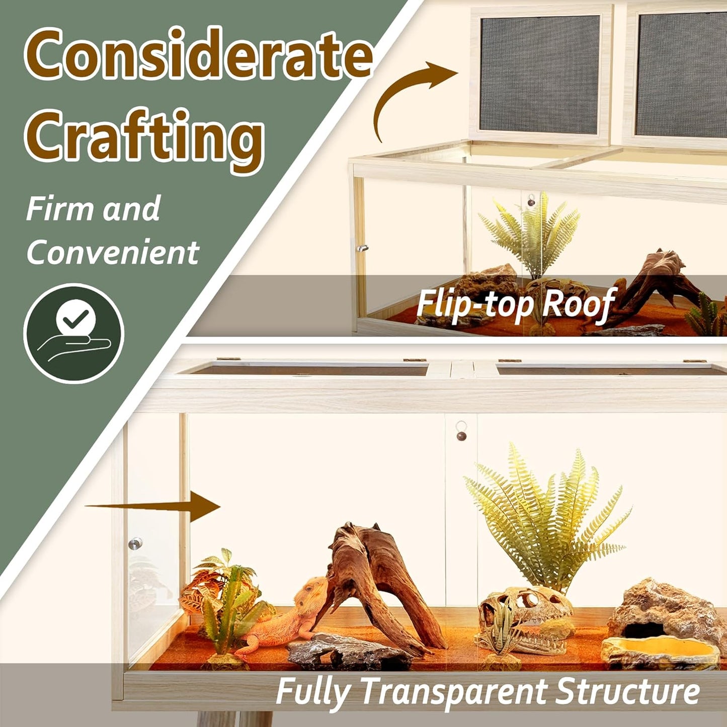 PROLEE Tempered Glass Reptile Enclosure with Leg,40“ Scratch-Proof Bearded Dragon Tank,62 Gallon Lizard Tank with Metal Mesh Tops and Lockable Door,Spacious Reptile Habitat for Snake,Lizard (Oak) - FurryFun