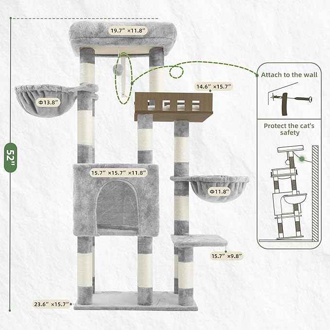 Cat Tree for Indoor Cats Large Adult, Heavy Duty Cat Tree for Large Cats 20 lbs+, Cat Condo with Big Wooden Perch, Cat Tower with 14 Scratching Posts, Hammock, Light Gray GCT023W