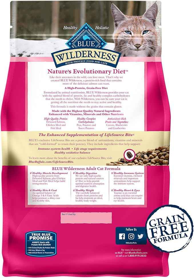 Blue Buffalo Wilderness Natural Adult Dry Cat Food, High-Protein and Grain-Free Diet, Supports Healthy Muscle Development and a Healthy Immune System, Salmon, 5-lb Bag
