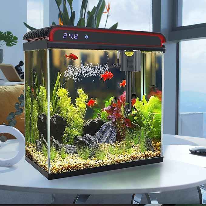 Glass 10 Gallon Fish Tank Aquarium - Smart Self-Cleaning Starter Kit with 3-Color LED Light, Ultra Quiet Pump & Filter, Temperature Monitoring for Betta Fish and Shrimp