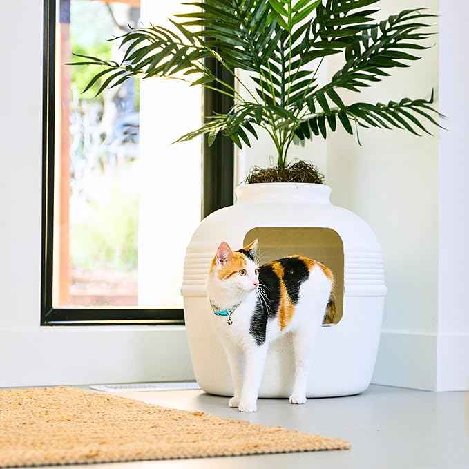 Good Pet Stuff Hidden Litter Box Planter, Decorative Cat Litter Enclosure with Carbon Filter, Artificial Plant, Easy Clean, Indoor Design, Original Round Style, Essentials Kit, White Birch