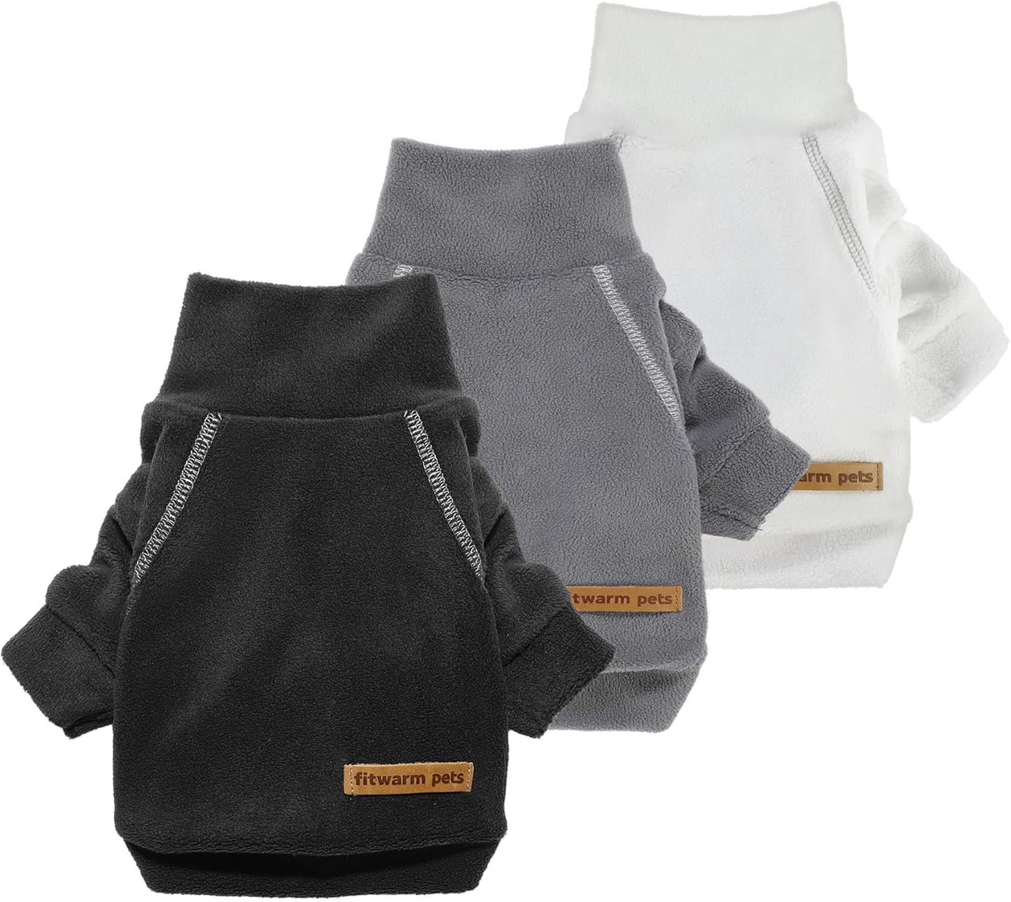 Fitwarm 3 Pack Classic Fleece Sweater, Turtleneck Sweatshirt, Winter Clothes for Small Dogs, Pet Pullover Jumper, Cat Apparel, Black, Grey, White, XXL