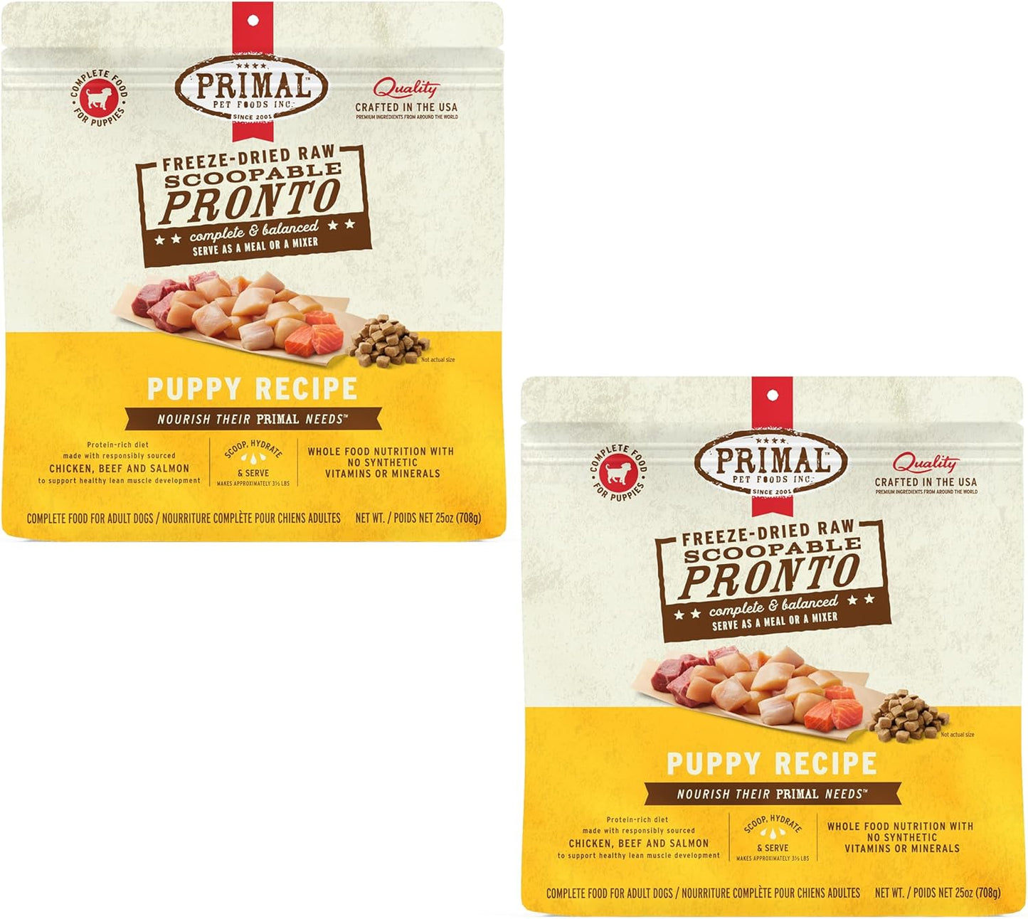 Primal Freeze Dried Puppy Dog Food, Pronto Mini Nuggets; Scoop & Serve, Complete & Balanced Meal; Also Use As Topper or Treat; Premium, Healthy, Grain Free, High Protein Raw Dog Food (25 oz,Pack of 2)