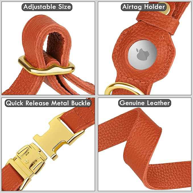 Leather Airtag Dog Collar - Soft Tracking Dog Collar with Apple AirTag Holder and Metal Buckle - Safety GPS Pet Collars for Small Medium Large Dogs Puppy Pink Red (Orange, XL, 20"-25" Neck Fit)