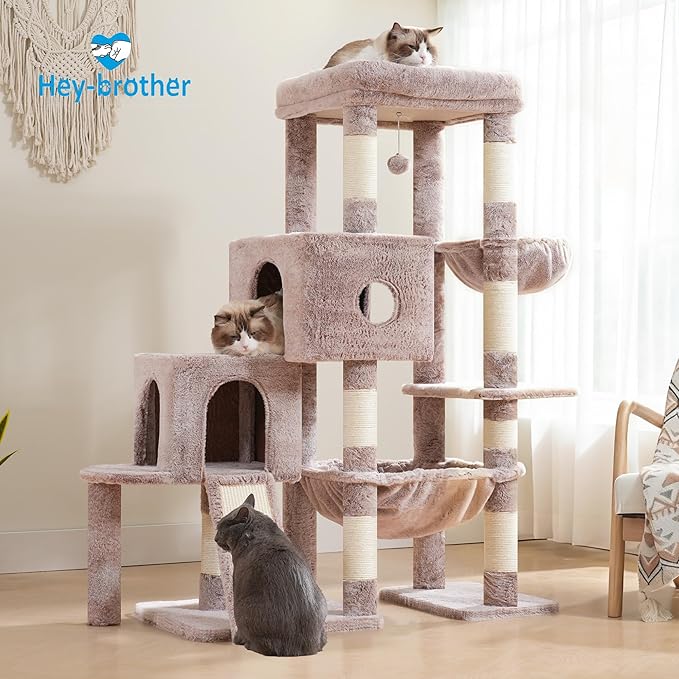 Hey-brother Cat Tree Tower, Scratching Posts with Big Platform, 2 Condos, Spacious Hammock, Cozy Basket, Sisal Board for Indoor Large Adults, 50 Inches Progressive Climbing House, Muchroom MPJ071MU