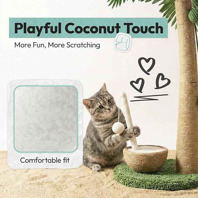 Cat Scratching Post 33 Inch Palm Tree with Hanging Balls and Coconut Straw Toy, Cat Scratcher for Indoor Kittens, Extra Stable Base, Paw-Friendly Jute Material M