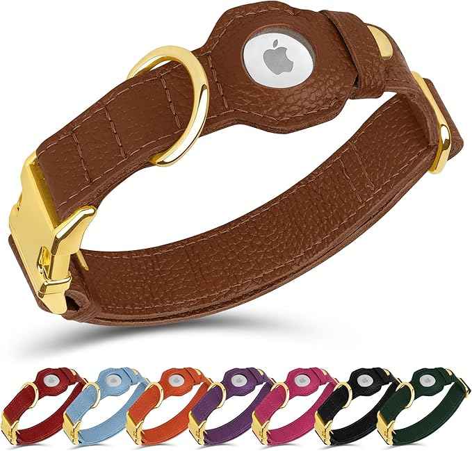 Leather Airtag Dog Collar - Soft Tracking Dog Collar with Apple AirTag Holder and Metal Buckle - Safety GPS Pet Collars for Small Medium Large Dogs Puppy Pink Red (Brown, S, 12"-15" Neck Fit)