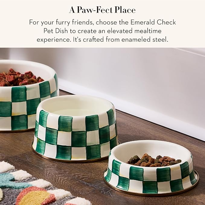 MACKENZIE-CHILDS Enamel Cat Dish, Cute Cat Bowl for Food and Water, Green-and-White Emerald Check