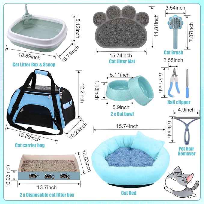 40 Pcs Kitten Starter Kit for Indoor Cats Include Litter Box, Carrier, Cat Bed, Climbing Post, Scratch Pad, Hammock, Feed Bowls, Mat, Collars, Nail File and More for Kitten Supplies Welcome Gift(Blue)