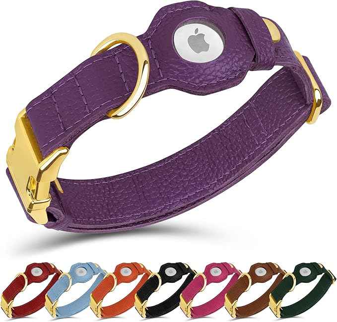 Leather Airtag Dog Collar - Soft Tracking Dog Collar with Apple AirTag Holder and Metal Buckle - Safety GPS Pet Collars for Small Medium Large Dogs Puppy Pink Red (Purple, XS, 9"-12" Neck Fit)