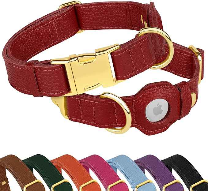 Leather Airtag Dog Collar - Soft Tracking Dog Collar with Apple AirTag Holder and Metal Buckle - Safety GPS Pet Collars for Small Medium Large Dogs Puppy Pink Red (Red, S, 12"-15" Neck Fit)