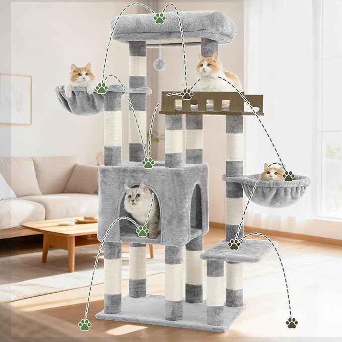 Cat Tree for Indoor Cats Large Adult, Heavy Duty Cat Tree for Large Cats 20 lbs+, Cat Condo with Big Wooden Perch, Cat Tower with 14 Scratching Posts, Hammock, Light Gray GCT023W