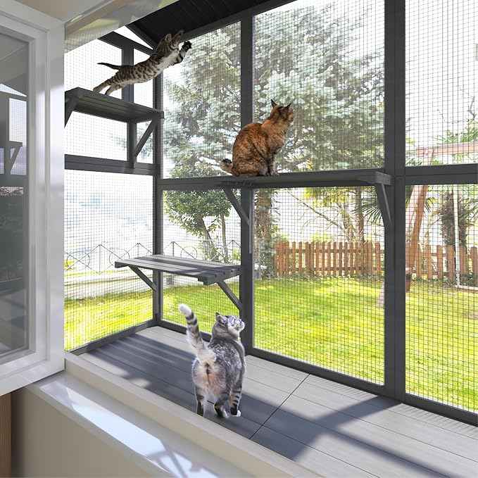 Cat Catio, Expandable Window Box Enclosure for Multiple Indoor Cats, Comfortable Wooden Small Pet Perch House, All-Weather Use, for Safely Enjoying Outdoor Sights, Playing, Sunbathing, Napping