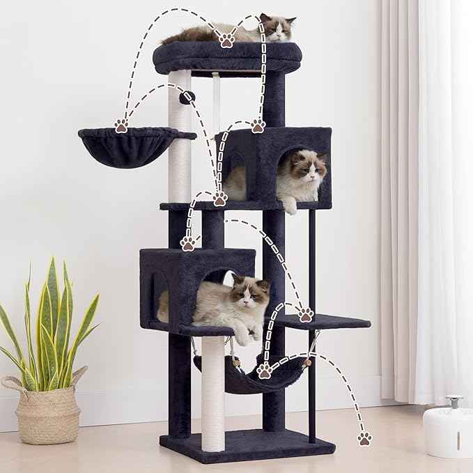 51.2'' Cat Tree Tower, Cat Tower with Scratching Post, Sturdy Steel Pube Cat Tree for Inoor Cats Large Adult, Cat Hammock and Basket, Padding Top Platform, Drak Gray GCT014G