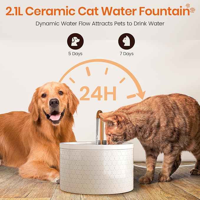 Ceramic Cat Water Fountain - 2.1L/71oz - Honeycomb Embossed All-Ceramic Body & Pure Copper Spout - Non-Toxic & Automatic Pet Drinking Fountain Indoor with Ultra-Quiet Pump, 3 Filters & Sponge
