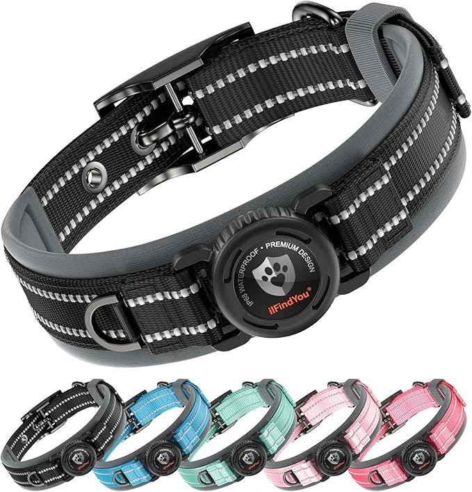Upgraded AirTag Dog Collar with Holder, Waterproof Reflective Air Tag Dog Collar with Widened Comfortable Padding & Ultra-Durable Metal Buckle, Adjustable for Medium Dogs (M, Black)
