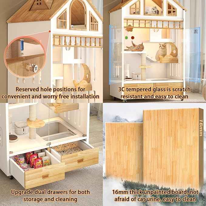 Enclosed Cat Condo, Large Wooden Cats House Indoor Cage Cat Enclosure on Wheels, Multi-Feature Enclosed Condo with Litter Box Drawer for Indoor Cats,63" X 35" X 24" (White, 63" X 35" X 24")