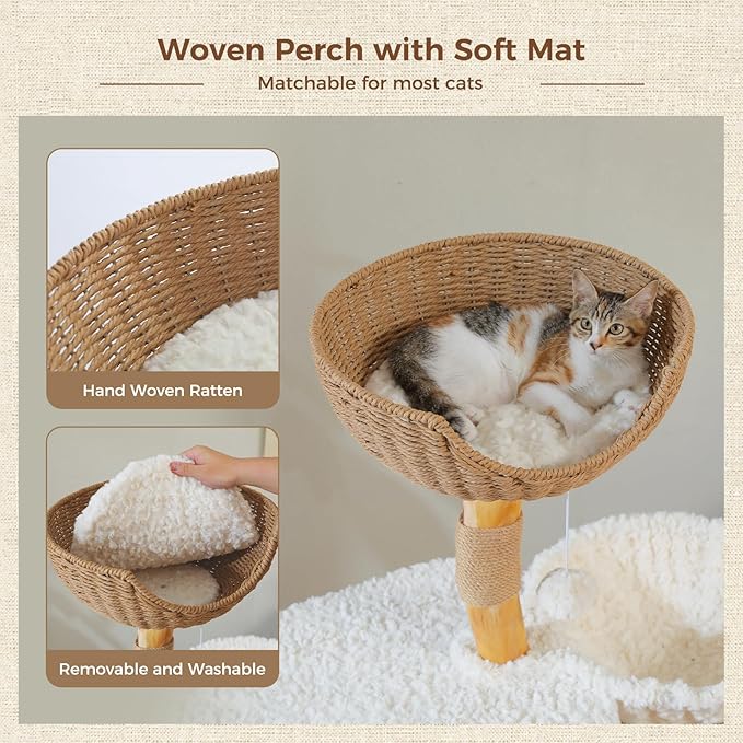 PEQULTI 48.5'' Modern Cat Tree for Large Indoor Cats Solid Wood Cat Tower with Luxury Cat Condo, Cozy Hammock, Scratching Post, Rattan Perch and Flower Cat Bed, White