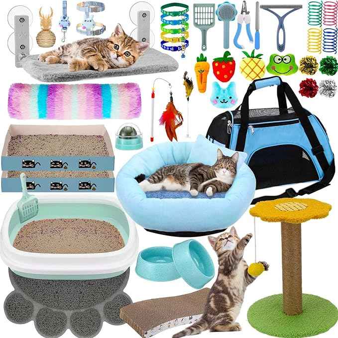 40 Pcs Kitten Starter Kit for Indoor Cats Include Litter Box, Carrier, Cat Bed, Climbing Post, Scratch Pad, Hammock, Feed Bowls, Mat, Collars, Nail File and More for Kitten Supplies Welcome Gift(Blue)
