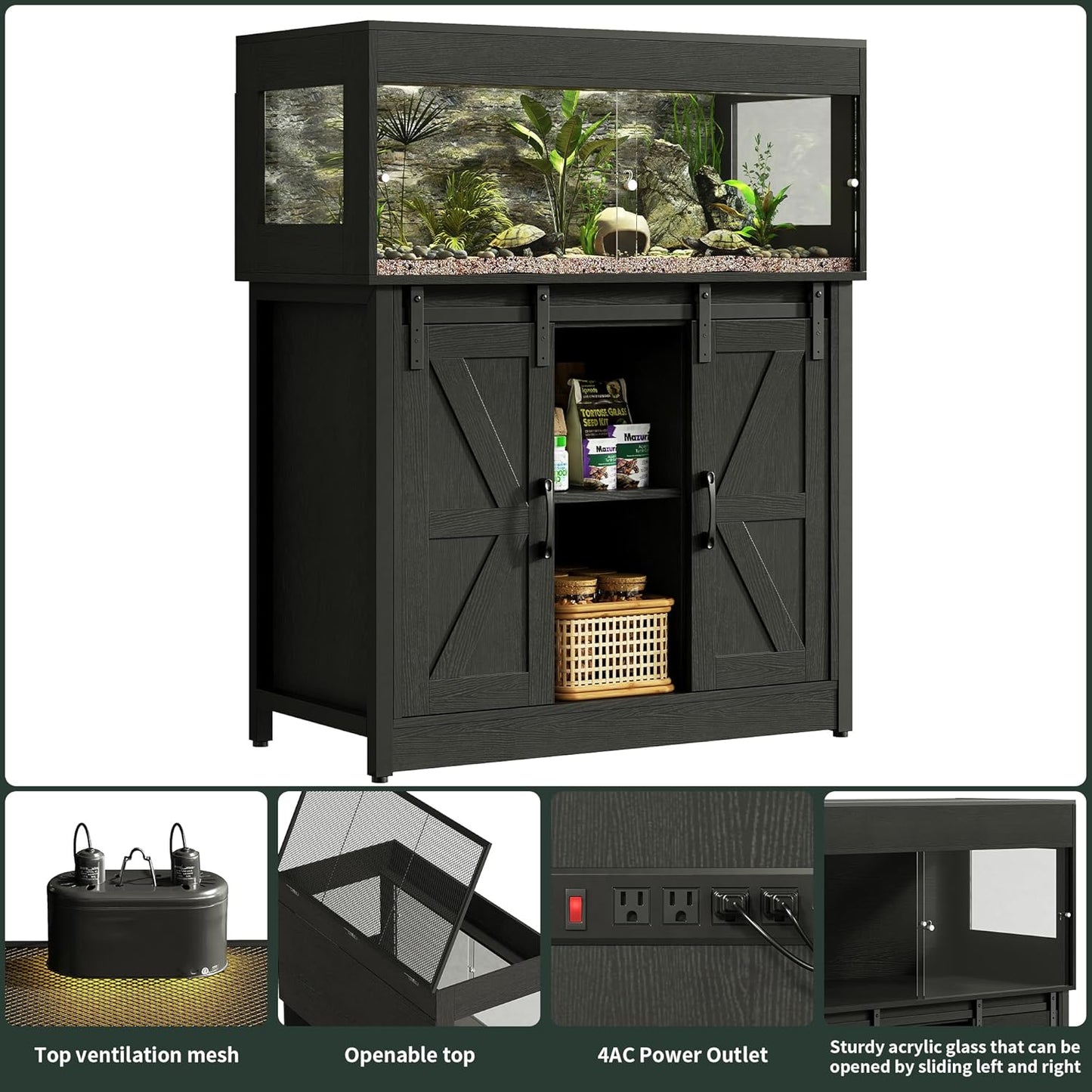 40 Gallon Reptile Terrarium with Stand, Reptile Tank with Barn Door and Storage, Vivarium with Acrylic Doors, Ventilated Mesh Top & Power Outlet, for Geckos, Lizards, Snakes Black PX06RTB - FurryFun