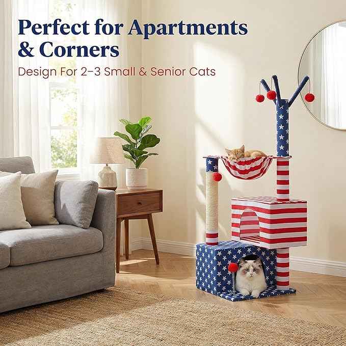 American Flag Cat Tree for Kittens & Senior Cats, 45” Stable Cat Tower Corner Fit, Patriotic Star & Stripes Cat House for Small Spaces with 2 Condos, Hammock & Reinforced Scratching Posts