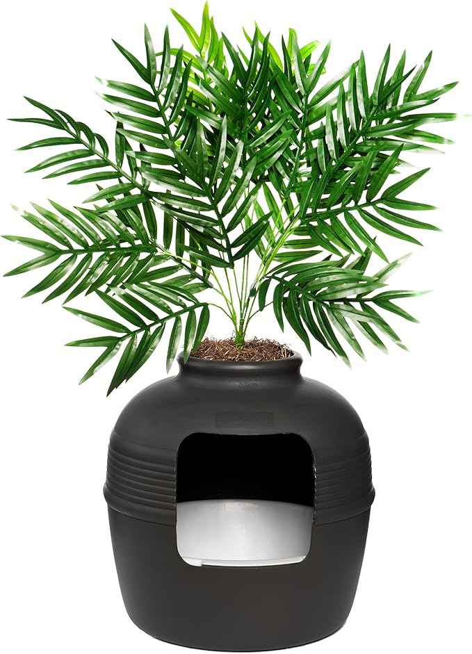 Good Pet Stuff Hidden Litter Box Planter, Decorative Cat Litter Enclosure with Carbon Filter, Artificial Plant, Easy Clean, Indoor Design, Original Round Style, Essentials Kit, Black Suede