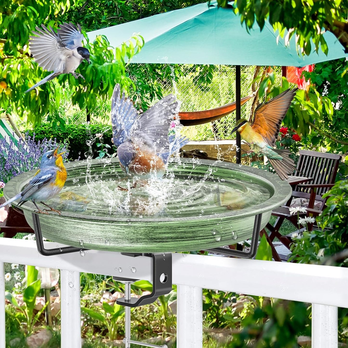 Deck Mounted Bird Bath for Outside, Detachable Birdbath Bowl with Sturdy Clamp, Outdoor Bird Baths Bowl for Attracting Birds Garden Yard Decor (Retro Green)