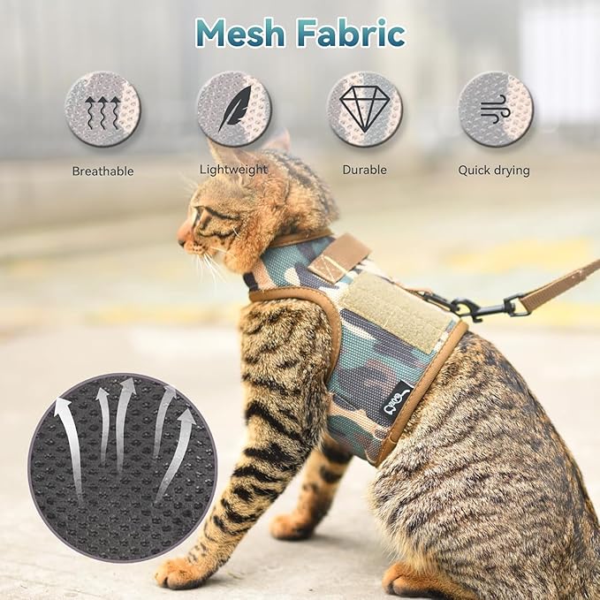 Tactical Cat Harness and Leash for Walking Escape Proof Breathable Mesh Fabric, Green Jungle Camo, XX-Large, Adjustable Cat Walking Jackets, Padded Stylish Cat Vest