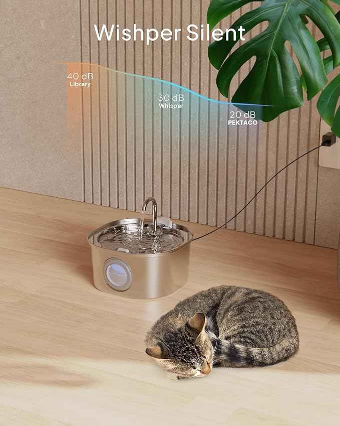 PEKTACO Cat Water Fountain, Pet Water Fountain for Cats/Dogs Indoor, Stainless Steel Cat Drinking Fountains with Water Level Window and 3 Filters + 3 Sponges(3.2L/108oz)