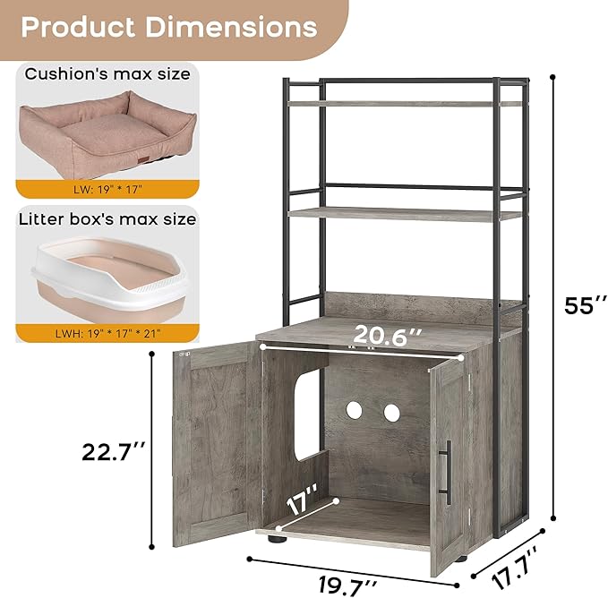 Cat Litter Box Enclosure, Hidden Litter Box Furniture with 3 Storage Shelves and Doors, Rustic Indoor Cat Cabinet, Multi-Functional Storage for Food, Cats Toilet Furniture
