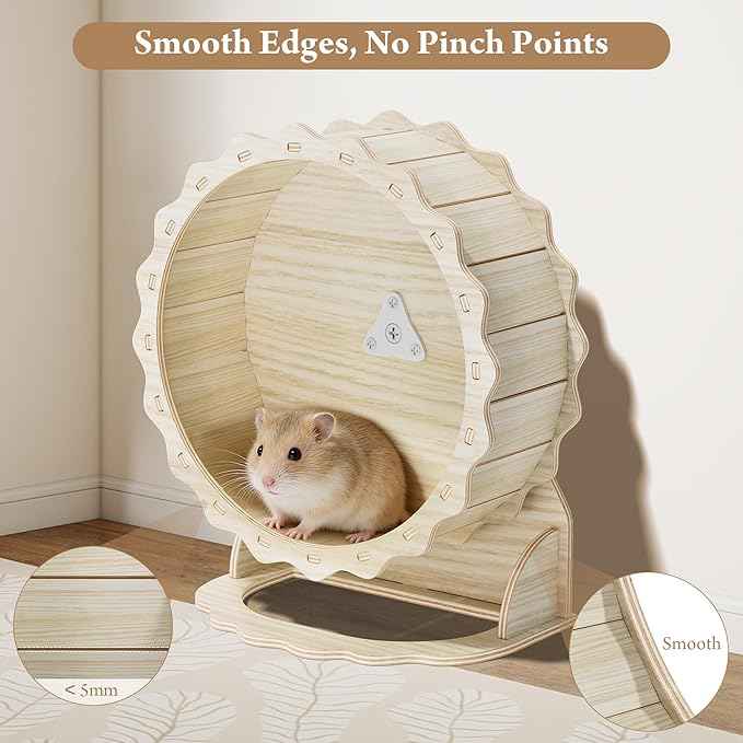 Wooden Hamster Wheel, Silent Running Wheel for Small Pets, 8 Inch Natural Wood Exercise Wheel with Stand, Quiet Spinner for Dwarf Hamsters, Roborovski, Gerbils, Mice and More