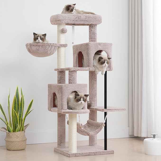 51.2'' Cat Tree Tower, Cat Tower with Scratching Post, Sturdy Steel Pube Cat Tree for Inoor Cats Large Adult, Cat Hammock and Basket, Padding Top Platform, Mushroom GCT014MU