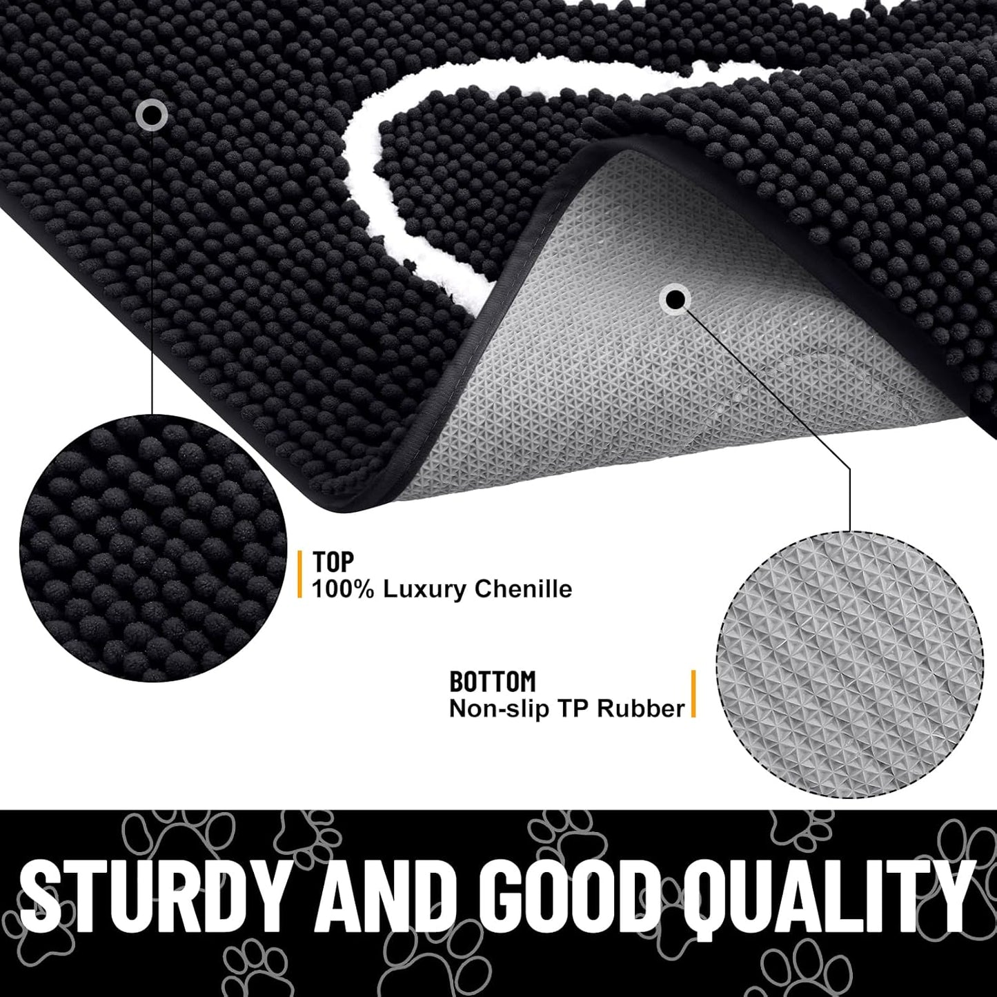 Smiry Dog Door Mat for Muddy Paws, Absorbent Dirt Trapper Non Slip Quick Dry Washable Chenille Mat for Mud Dogs, Entry Rug for Indoor and Outdoor (24x16 Inches, Black)